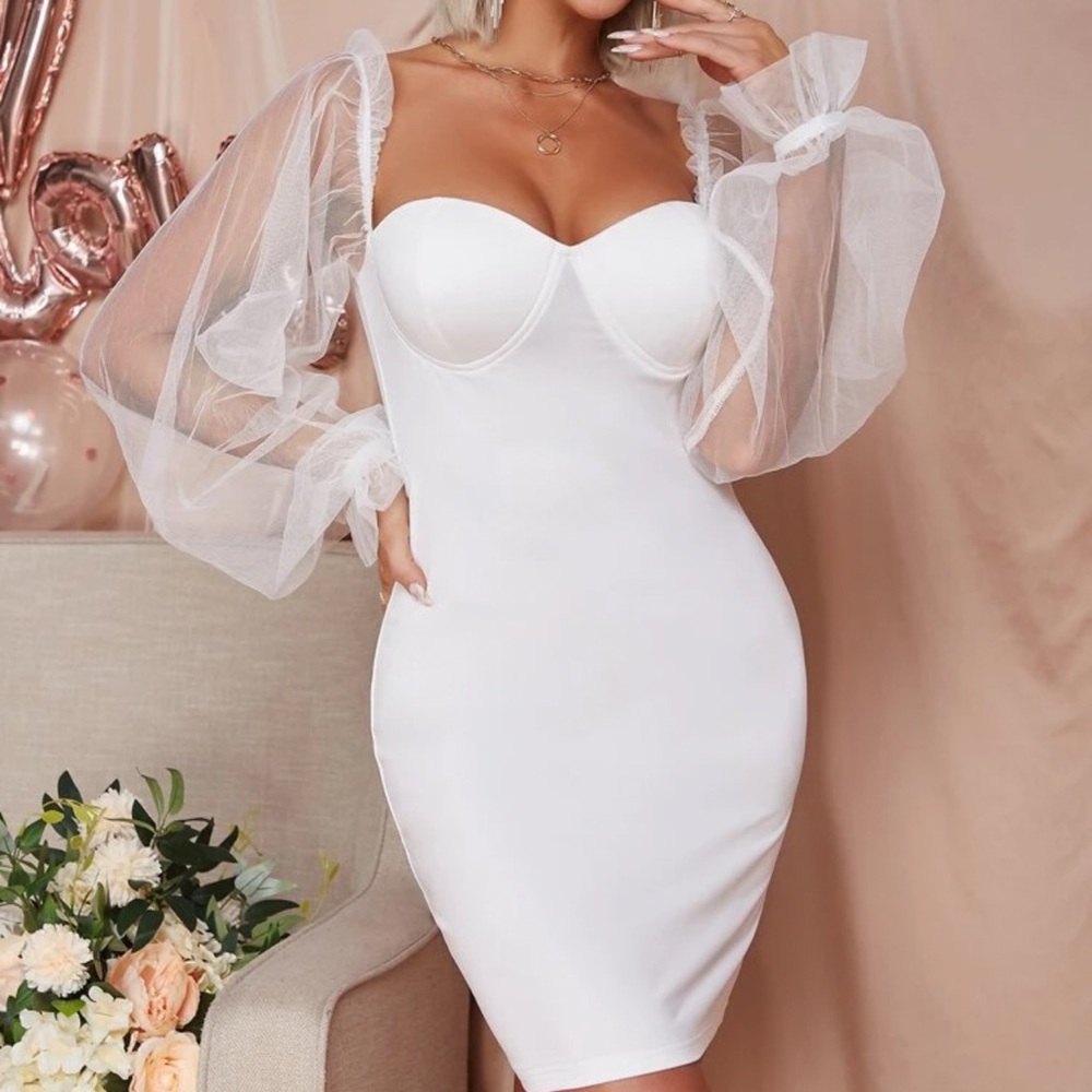 New White Mesh Bell Sleeve Bodycon Dress
